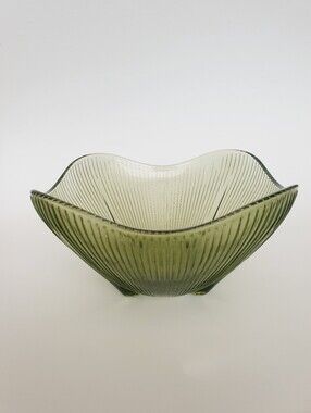 Vintage Green Glass Waved Edge Footed Bowl 6.5" - MCM